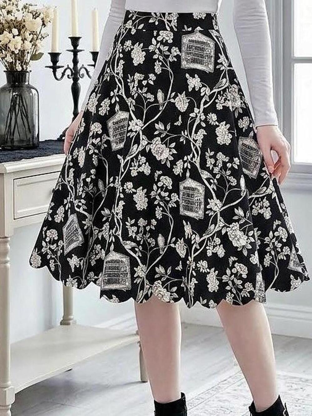Talbots Gothic Floral Birdcage Print Scalloped A-Line Midi Skirt Size 4